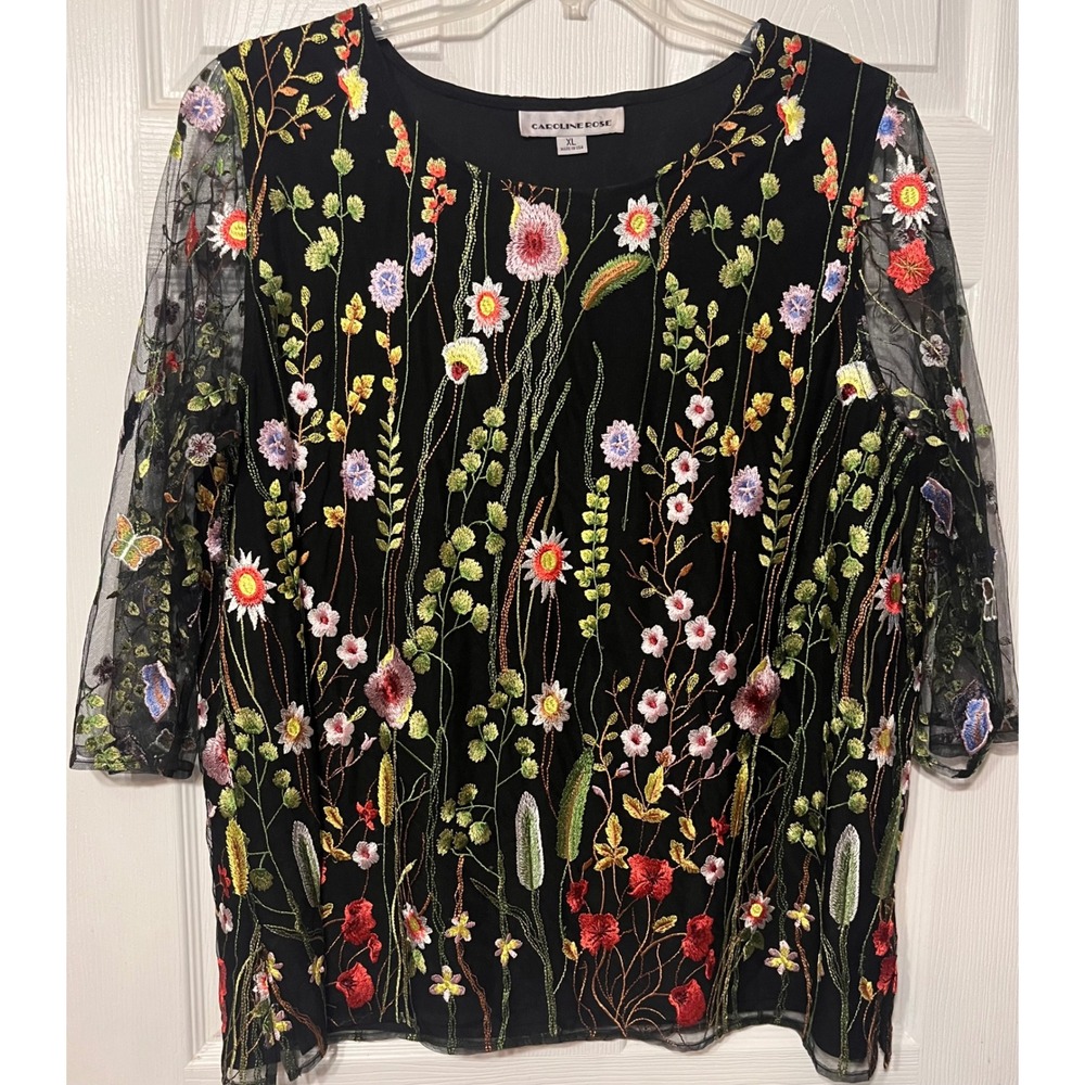 Caroline Rose Garden Week Floral Embroidered Mesh Layered Lined Top XL Black